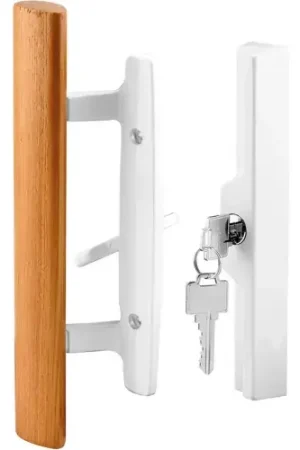 Deal Prime-Line C 1316 Sliding Door Handle Set, Wood Handle, White Diecast, Keyed