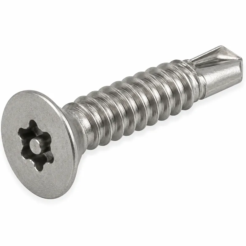 Genuine 10 X 1-1/4" Tamper Resistant Self-Drilling Screws Flat Head Pin-In Six Lobe Drive (T20) 410 Stainless Steel (100 / Pkg.)
