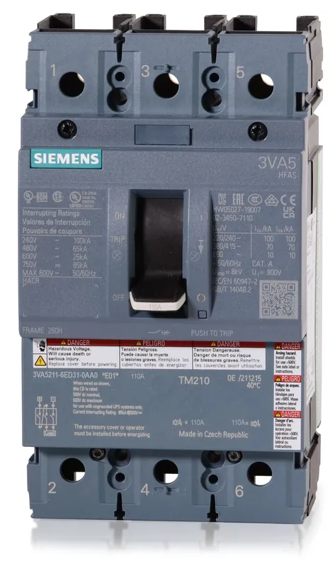Siemens 3VA5211-6ED31-0AA0 - 110A 3 Pole Molded Case Circuit Breaker Price Drop