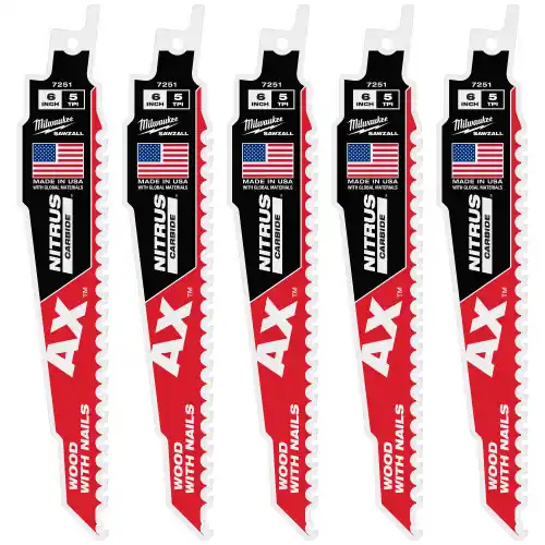 Milwaukee 48-00-7551 6" 5 TPI AX w/NITRUS Carbide Teeth SAWZALL Blade for Wood with Nails 5PK Affordable