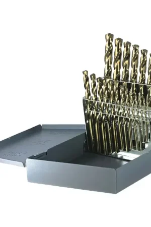 Final Sale DRILLCO 500A21V 1/16" to 1/4" by 64ths, 9/32" to 1/2" by 32nds 135° Bronze Cobalt Jobbers Length Drill Set