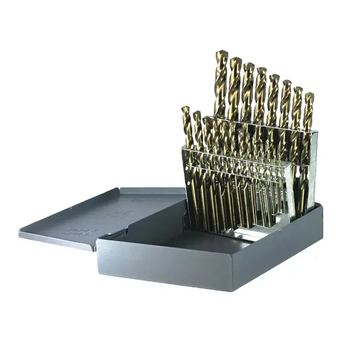 Final Sale DRILLCO 500A21V 1/16" to 1/4" by 64ths, 9/32" to 1/2" by 32nds 135° Bronze Cobalt Jobbers Length Drill Set