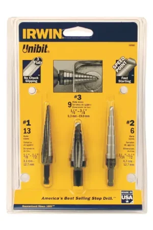 UNIBIT 502-S 13,6,9 Hole Sizes, 1/8"to 1/2"by 1/32nds,3/16"to 1/2" & 1/4" to 3/4" by 1/16ths Hole Diam. Step Drill Genuine