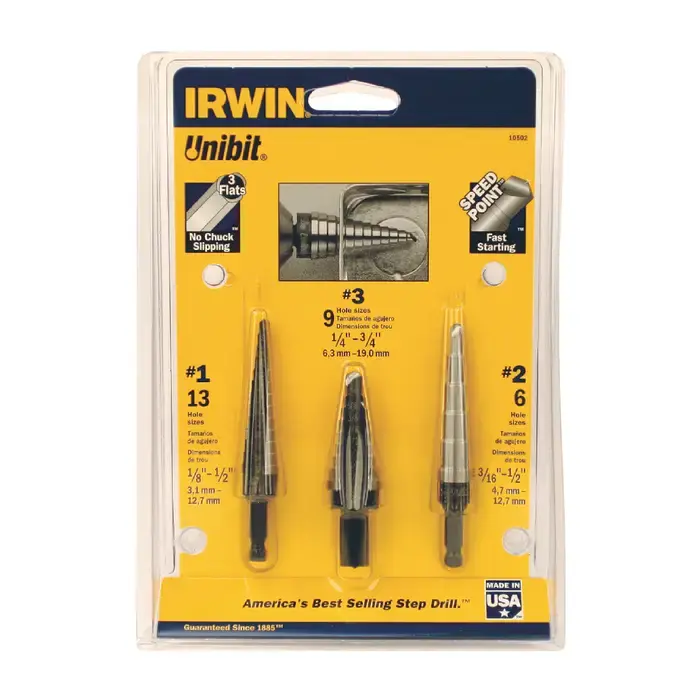 UNIBIT 502-S 13,6,9 Hole Sizes, 1/8"to 1/2"by 1/32nds,3/16"to 1/2" & 1/4" to 3/4" by 1/16ths Hole Diam. Step Drill Genuine